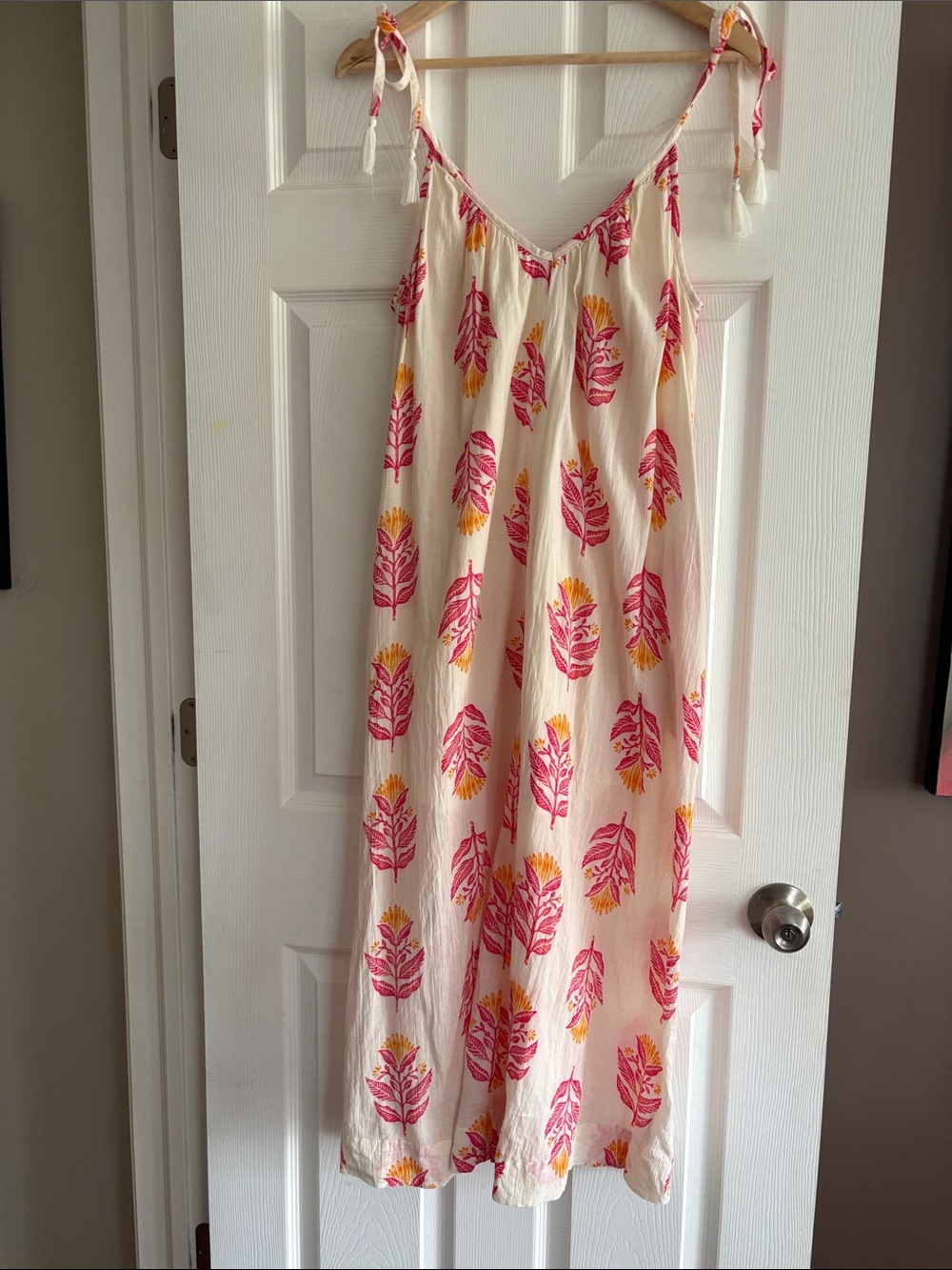 Women’s cotton Cream Tie-Strap Maxi Slip Dress with Pink & Yellow Leaf Print